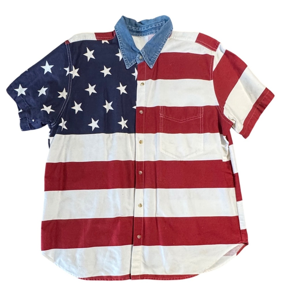 Vintage American Flag Shirt Mens L Stars Stripes Denim Collar Red White Blue 90s